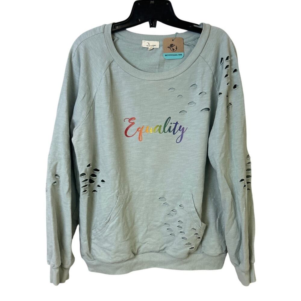 Upcycled Hand Printed Womens Large Rainbow Equality Distressed Sweatshirt